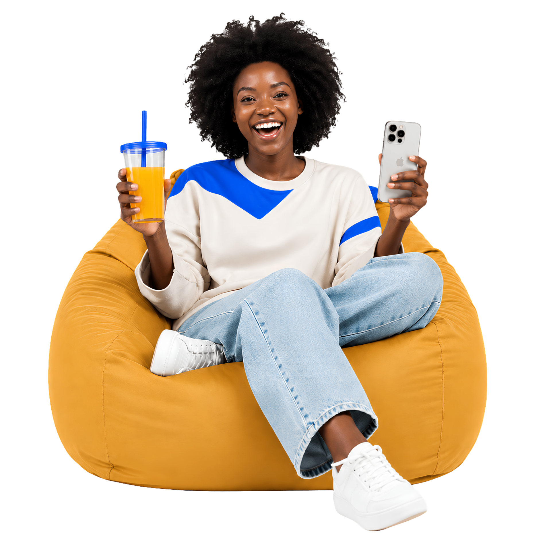 A young Tanzanian woman smiling, holding a phone and an iced drink